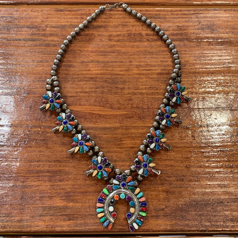 Vintage Navaho Larry Moses Begay Multi-Color Squash Blossom Necklace